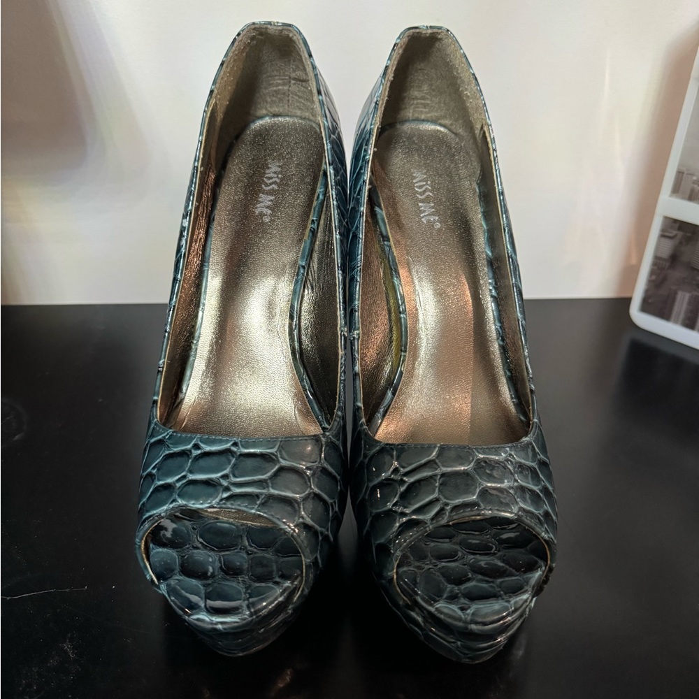 Teal Crocodile Pattern Platform Open Toe Heels